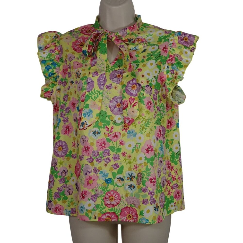 Shein Floral Ruffle Sleeve Blouse Top Women Size 6 Yellow Multicolor Neck Tie